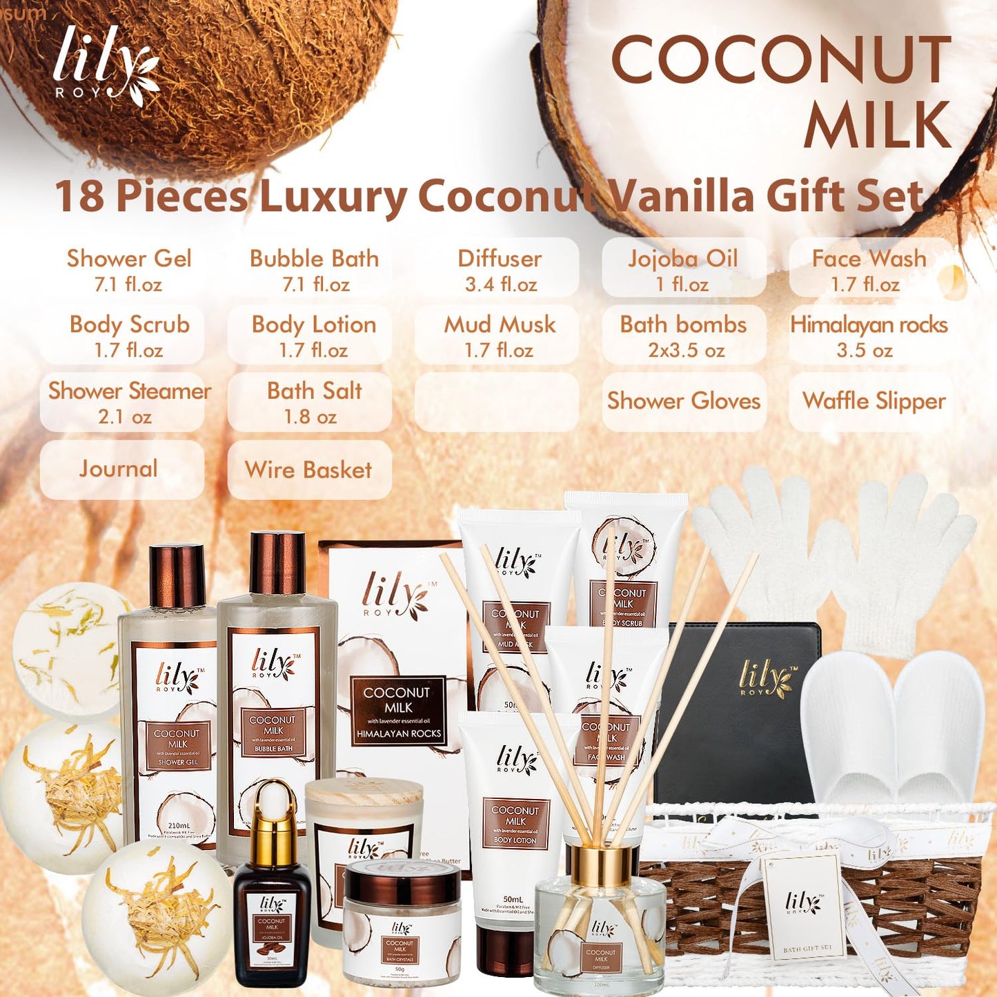 Fathers Day Gifts for Men Dad Coconut Vanilla Spa Gift Basket for Women 18 Pcs Luxury Bath & Body Set with Shower Gel | Relaxing Self Care Pampering Gifts for Her, Birthday, Christmas, Mothers Day