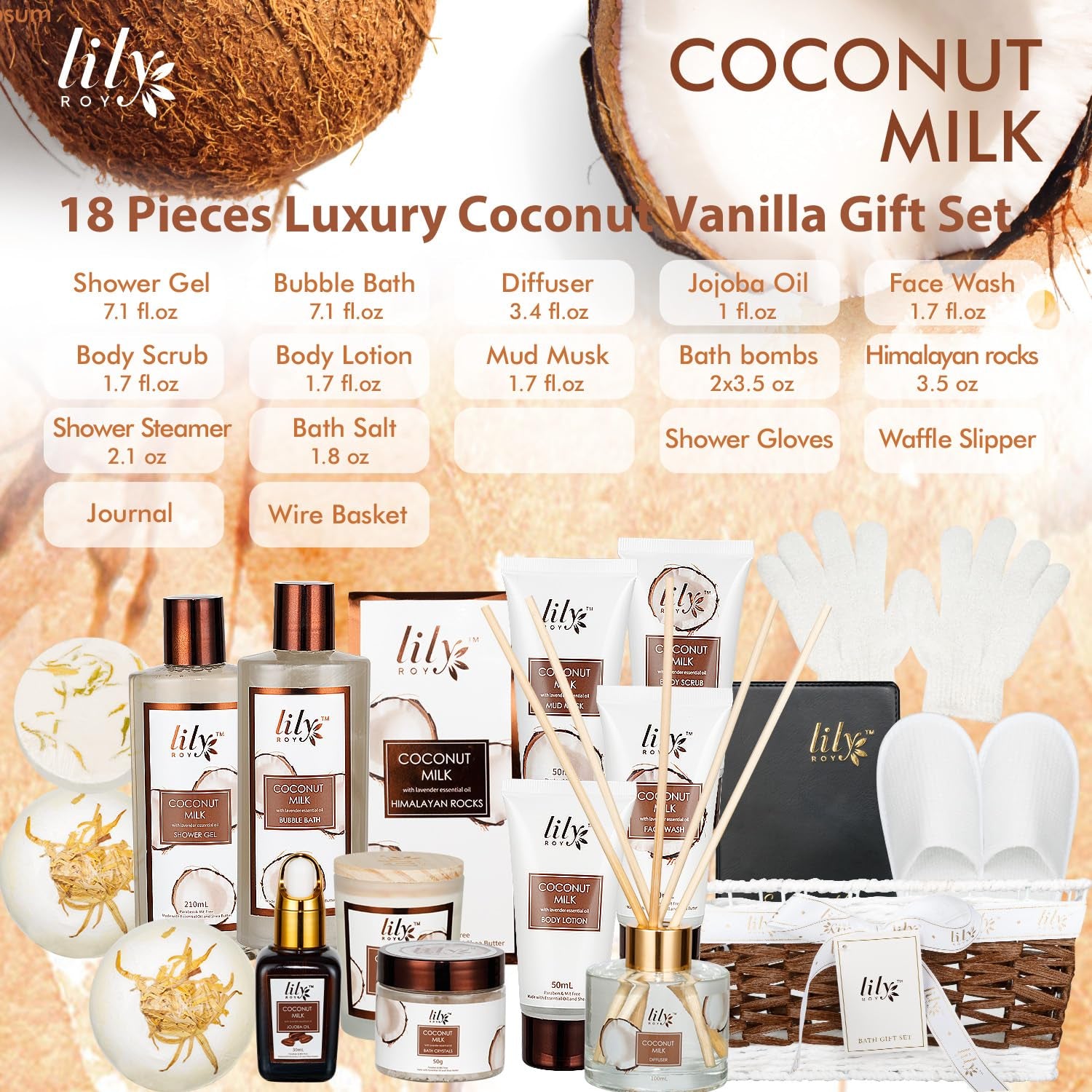 Fathers Day Gifts for Men Dad Coconut Vanilla Spa Gift Basket for Women 18 Pcs Luxury Bath & Body Set with Shower Gel | Relaxing Self Care Pampering Gifts for Her, Birthday, Christmas, Mothers Day