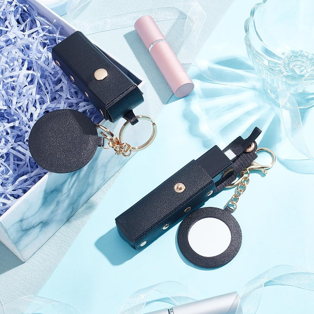 2Pcs PU Leather Lipstick Sleeves with round Mirror, Portable Lipstick Keychain Holder Snap-On Lip Balm Organizer Case Mini Travel Lipstick Cosmetics Holder for Women Ladies, Black