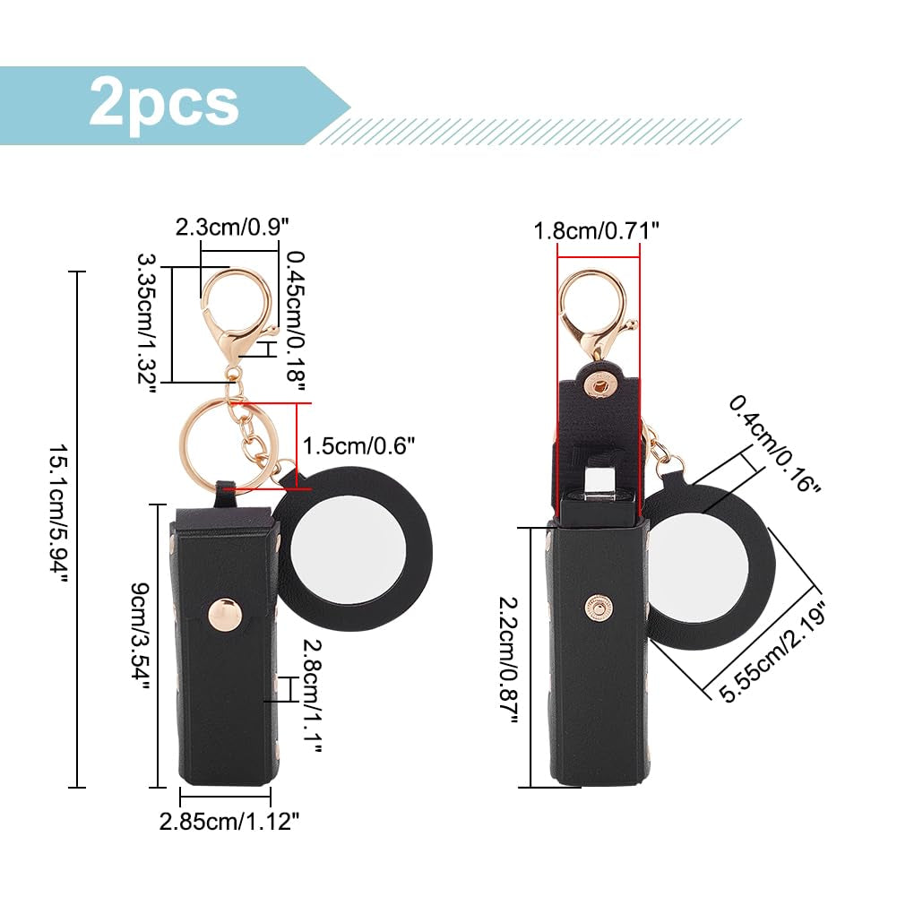 2Pcs PU Leather Lipstick Sleeves with round Mirror, Portable Lipstick Keychain Holder Snap-On Lip Balm Organizer Case Mini Travel Lipstick Cosmetics Holder for Women Ladies, Black