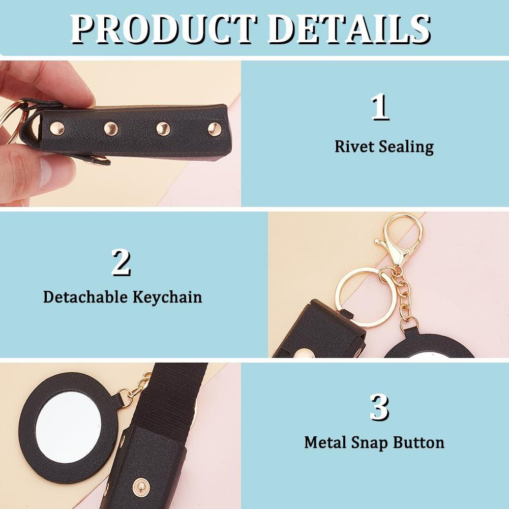 2Pcs PU Leather Lipstick Sleeves with round Mirror, Portable Lipstick Keychain Holder Snap-On Lip Balm Organizer Case Mini Travel Lipstick Cosmetics Holder for Women Ladies, Black